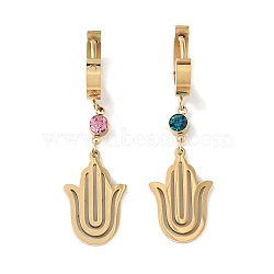 Hamsa Hand 304 Stainless Steel Rhinestone Dangle Earrings, Hoop Earrings for Women, Real 18K Gold Plated, 42x12.5mm(EJEW-L283-020G)