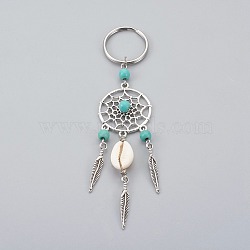 Cowrie Shell Keychain, with Tibetan Style Alloy Findings, Synthetic Turquoise Beads, 316 Surgical Stainless Steel Keychain Clasp, Turquoise, 124mm(KEYC-JKC00180)