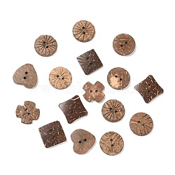2-Hole Coconut Buttons, Flat Round & Heart & Cross & Square & 4 Pointed Star, Mixed Color, 20~25.5x20~25.5x3~3.5mm, Hole: 2mm(BUTT-D056-02)