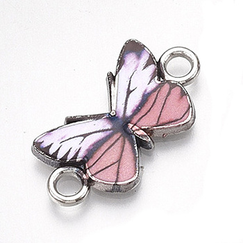 Printed Alloy Connector Charms, with Enamel, Butterfly Link, Cadmium Free & Lead Free, Platinum, Pink, 12x23x2mm, Hole: 2.5mm