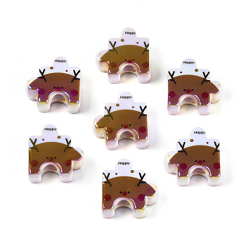 UV Plating Opaque Printed Acrylic European Beads, Puzzle with Christmas Pattern, Large Hole Bead, Deer, 23~23.5x23.5x10mm, Hole: 5.5~6mm