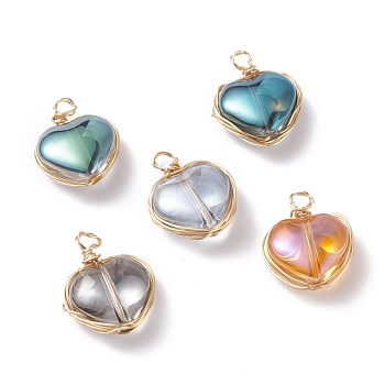 Electroplated Glass Pendants, with Copper Findings, Heart, Golden, Mixed Color, 14x12x5.5mm, Hole: 2.5mm