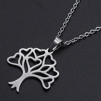 201 Stainless Steel Pendants Necklaces, with Cable Chains and Lobster Claw Clasps, Tree, Stainless Steel Color, 17.71 inch(45cm), 1.5mm