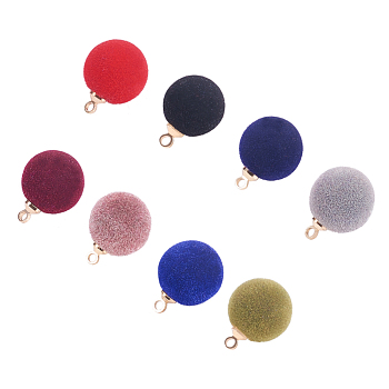 Flocky Acrylic Pendants, with Brass Findings, Round, Golden, Mixed Color, 16x12mm, Hole: 1.6mm
