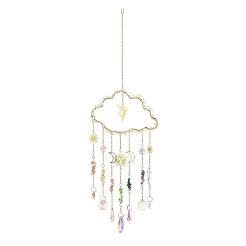 Metal Hanging Suncatchers, Natural Quartz Crystal & Amethyst & Citrine Chips and Glass Tassel for Window Garden Decorations, Cloud, 465mm