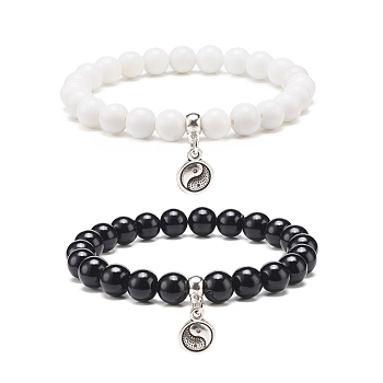 2Pcs 2 Color Natural Mashan Jade Round Beaded Stretch Bracelets Set with Alloy Yin Yang Charms, Gemstone Jewelry for Women, White and Black, Inner Diameter: 2-1/8 inch(5.4cm), 1Pc/color