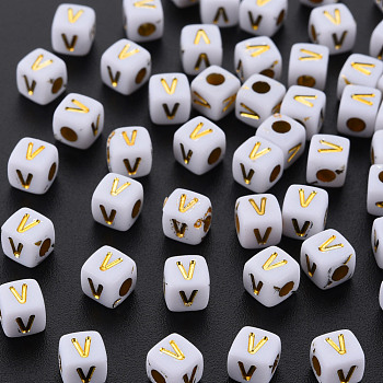 Opaque White Acrylic Beads, Metal Enlaced, Cube with Letters, Letter.V, 4.5mm, Hole: 2mm, about 5000pcs/500g