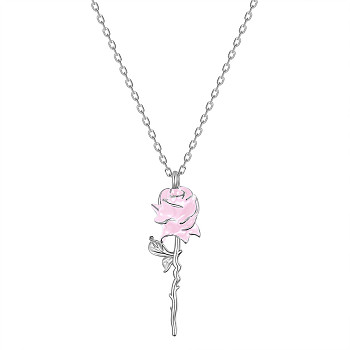 SHEGRACE Rose Rhodium Plated 925 Sterling Silver Pendant Necklaces, with Epoxy Resin and Cable Chains, Platinum, Pink, 17.32inch(44cm)