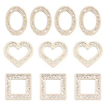 150Pcs 3 Style Poplar Wood Linking Rings, Laser Cut Wood Shapes, Oval & Heart & Square, Floral White, 49~55x40~55x2.5mm, Inner Diameter: 21~36.5x24~36mm, 50pcs/style