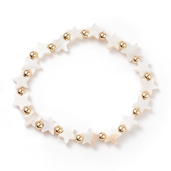 Natural Shell Star Beaded Stretch Bracelet with Brass for Women, Seashell Color, Inner Diameter: 2-1/4 inch(5.6cm)