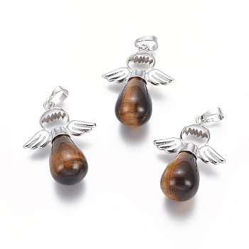 Natural Tiger Eye Pendants, with Platinum Tone Brass Findings, Angel, 39x28x14mm, Hole: 5x7mm