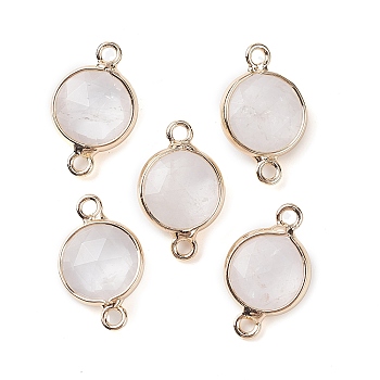 Natural Quartz Crystal Connector Charms, Faceted Flat Round with Golden Plated Brass Frame, 16.5x10.5x5mm, Hole: 1.5mm