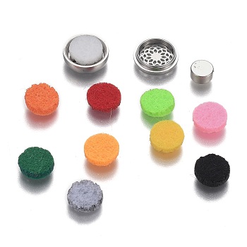 304 Stainless Steel Diffuser Locket Aromatherapy Essential Oil, with Perfume Pad, Perfume Button for Face Mask, Flat Round with Flower of Life, Mixed Color, 12x4.5mm
