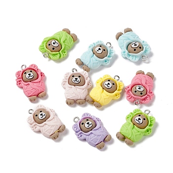 Opaque Resin Pendants, with Platinum Tone Iron Loops, Bear with Vegetable Charms, Mixed Color, 27x20x7mm, Hole: 2mm