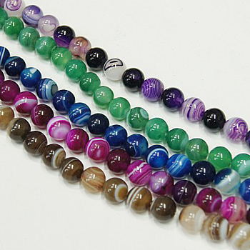 Natural Striped Agate/Banded Agate Strands, Dyed, Round, Mixed Color, 10mm in diameter, Hole: 1mm