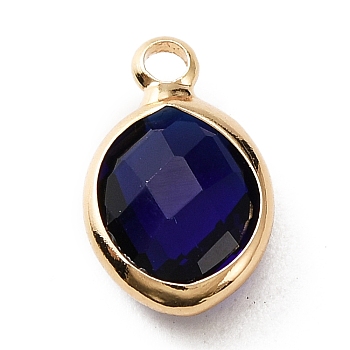 Faceted Glass Pendants, September Birthstone Charms, with Brass Cabochon Settings, Oval, Golden, Dark Blue, 13x8x4mm, Hole: 1.6mm