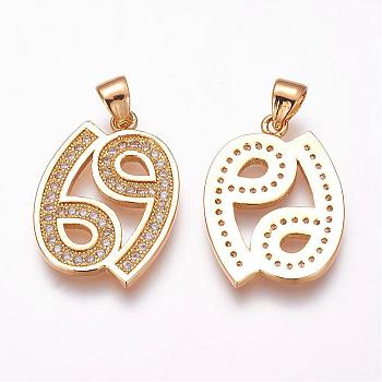 Brass Micro Pave Cubic Zirconia Pendants, Number, Golden, 22x16x1.5mm, Hole: 3x4mm