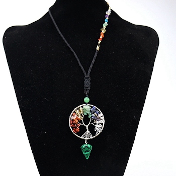 Chakra Themed Natural & Synthetic Mixed Gemstone Chips Beaded Tree of Life Pendant Necklaces, Platinum Brass Wire Wrap Necklace with Mixed Stone Chips, 25.98 inch(66cm)
