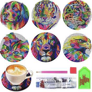 DIY Rainbow Animal Theme Diamond Painting Wood Cup Mat Kits, Including Coster Holder, Resin Rhinestones, Diamond Sticky Pen, Tray Plate & Glue Clay, Mixed Color, Packaging: 130x126x80mm