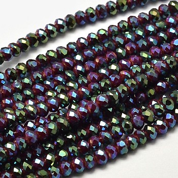 Faceted Rondelle Half Rainbow Plated Electroplate Glass Beads Strands, Red, 3.5x2mm, Hole: 0.5mm, about 148pcs/strand, 14.9 inch