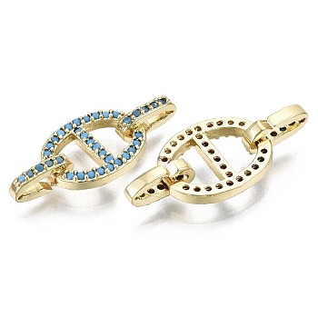 Real 16K Gold Plated Brass Micro Pave Cubic Zirconia Links Connectors, Cadmium Free & Nickel Free & Lead Free, Oval, Light Sky Blue, 13x10x2mm