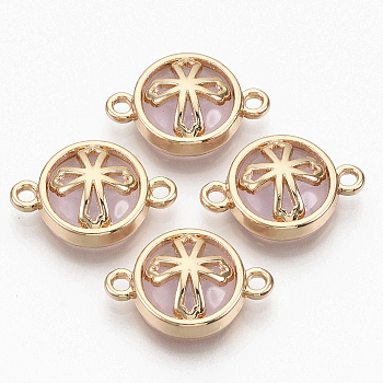 Glass Links connectors, with Light Gold Plated Alloy Findings, Flat Round with Cross, Pearl Pink, 13.5x19.5x5.5mm, Hole: 1.6mm