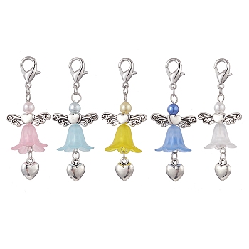 Angel Acrylic Pendant Decorations, Alloy Heart Lobster Claw Clasps Charms, Mixed Color, 57mm