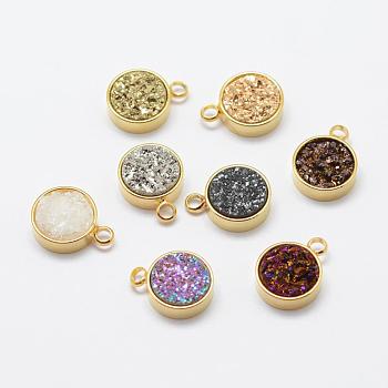 Electroplated Natural Druzy Agate Charms, with Brass Findings, Flat Round, Golden, Mixed Color, 12x9x4mm, Hole: 2mm