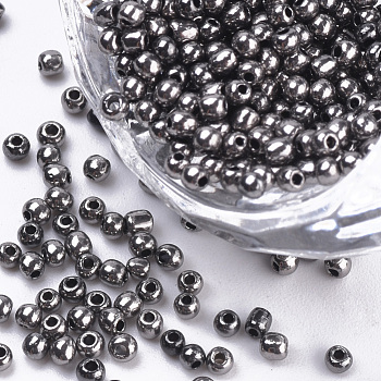 Plated Glass Seed Beads, Round, Gray, 2~2.3x1.5mm, Hole: 0.8mm, about 30000pcs/bag, about 450g/bag