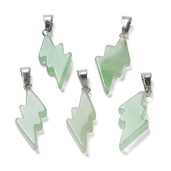 Natural Green Aventurine Pendants, Lightning Bolt Charms with Stainless Steel Color Plated 201 Stainless Steel Snap on Bails, 31~33x13~14x5mm, Hole: 7.5x4.5mm