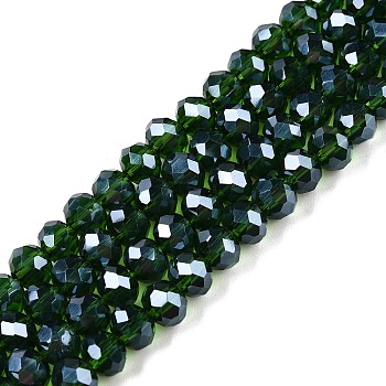 Electroplate Glass Beads Strands, Pearl Luster Plated, Faceted, Rondelle, Dark Green, 6x5mm, Hole: 1mm, about 84~85pcs/strand, 41.5~42cm