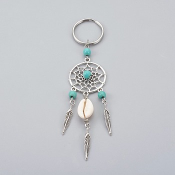 Cowrie Shell Keychain, with Tibetan Style Alloy Findings, Synthetic Turquoise Beads, 316 Surgical Stainless Steel Keychain Clasp, Turquoise, 124mm
