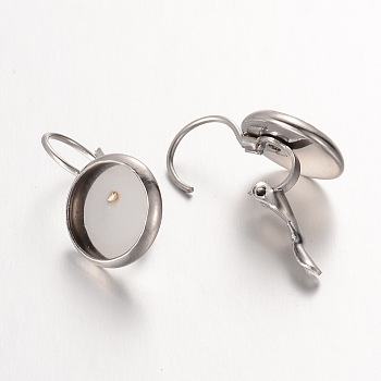 Flat Round 304 Stainless Steel Leverback Earring Settings, Stainless Steel Color, Tray: 10mm, 20x12x10mm, Pin: 0.6mm