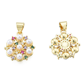 Brass Micro Pave Colorful Cubic Zirconia Pendants, with ABS Plastic Imitation Pearl Beads, Nickel Free, Flower, Real 18K Gold Plated, 17.5x15.5x4mm, Hole: 3x4mm
