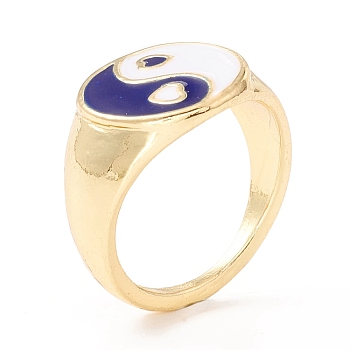 Yin Yang Pattern Flat Round Enamel Finger Ring for Girl Women, Cadmium Free & Lead Free, Light Gold, Dark Blue, US Size 8 1/2(18.5mm)