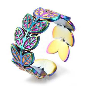 304 Stainless Steel Leaf Cuff Rings, Wide Band Rings, Open Rings for Women Girls, Rainbow Color, US Size 7(17.7mm)