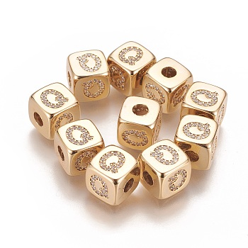 Brass Micro Pave Cubic Zirconia Beads, Horizontal Hole, Real 18K Gold Plated, Long-Lasting Plated, Cube with Letter, Clear, Letter.Q, 9x9x9mm, Hole: 3.5mm