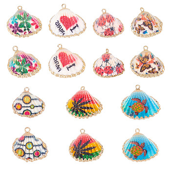 CHGCRAFT 14Pcs 7 Style Electroplate Printed Natural Scallop Shell Pendants, Sea Shell Pendants, with Golden Brass Loops, Mixed Patterns, 22~23x23~24x8~8.5mm, Hole: 1.8mm, 2pcs/style