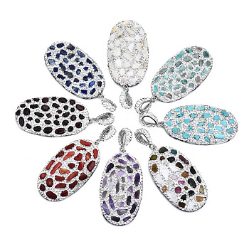 Polymer Clay Rhinestone Pendants, with Natural & Synthetic Gemstone Chip, Natural Shell Chip and PU Leather, Oval, Platinum, 55~56x30~31x6~7mm, Hole: 9x5mm