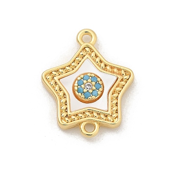 Brass Micro Pave Clear Cubic Zirconia Connector Charms, with Shell, Real 18K Gold Plated, Star, 16.5x13x2.5mm, Hole: 1.2mm