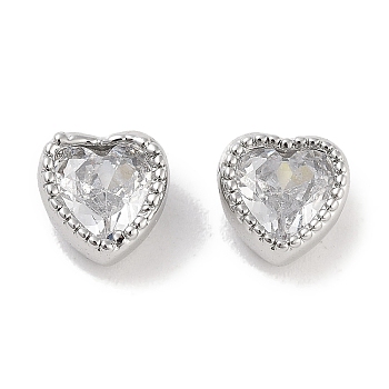 Brass with Single Clear Cubic Zirconia Beads, Heart, Platinum, 6x6x4mm, Hole: 1mm