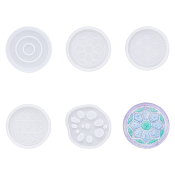 Boutigem 5Pcs 5 Style Cup Mat Silicone Molds, Resin Casting Molds, For UV Resin, Epoxy Resin Jewelry Making, Flat Round, White, 90~120x10~11mm, Inner Diameter: 80~110mm, 1pc/style