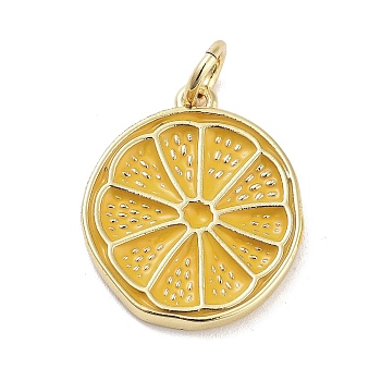 Rack Plating Brass Enamel Pendants, with Jump Ring, Long-Lasting Plated, Cadmium Free & Lead Free, Lemon Slices Charm, Real 18K Gold Plated, Yellow, 17x14.5x2mm, Hole: 3mm