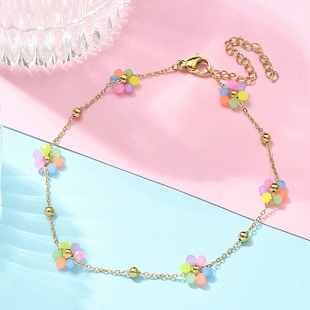 304 Stainless Steel & Synthetic Stone Daisy Flower Chain Anklets for Women, Real 18K Gold Plated, Colorful, 210mm