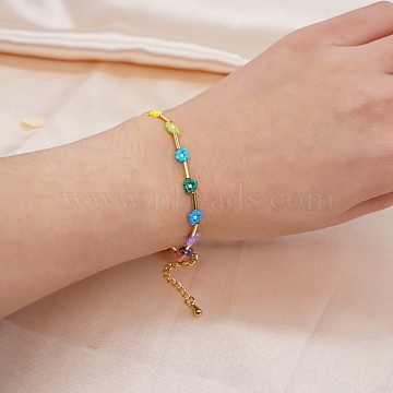Miyuki Glass Seed Daisy Flower Beaded Bracelet for Women, Colorful, 6-1/2 inch(16.5cm)(BJEW-A121-66)