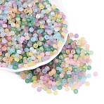 FGB Frosted Transparent Glass Seed Beads, Round, Round Hole, Dyed & Hearted, Mixed Color, 4~4.5x3~3.5mm, Hole: 1.4~1.5mm, about 7500pcs/pound(SEED-N013-02A)