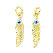 Real 18K Gold Plated Brass Pendants, with Enamel and Jump Ring, Evil Eye, Feather, 23x5x2.5mm, Hole: 4mm(KK-L209-035G-01)