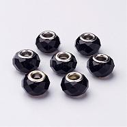 Glass European Beads, Large Hole Beads, Black, Brass Core in Silver Color, about 14mm wide, 9mm long, hole: 5mm(GDA002-27)
