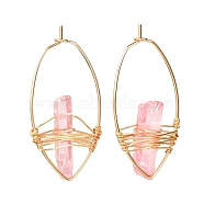 Electroplated Natural Quartz Wire Wrapped Earrings for Girl Women, Golden Horse Eye Shape Brass Hoop Earrings, Pink, 38~39x19x5~6.5mm, Pin: 0.7mm(EJEW-JE04647-01)