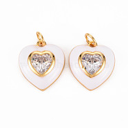 Brass Enamel Pendants, with Clear Cubic Zirconia and Jump Ring, Nickel Free, Real 16K Gold Plated, Heart, White, 17.5x15.5x4.5mm, Hole: 3.5mm(KK-T013-15G-NF)